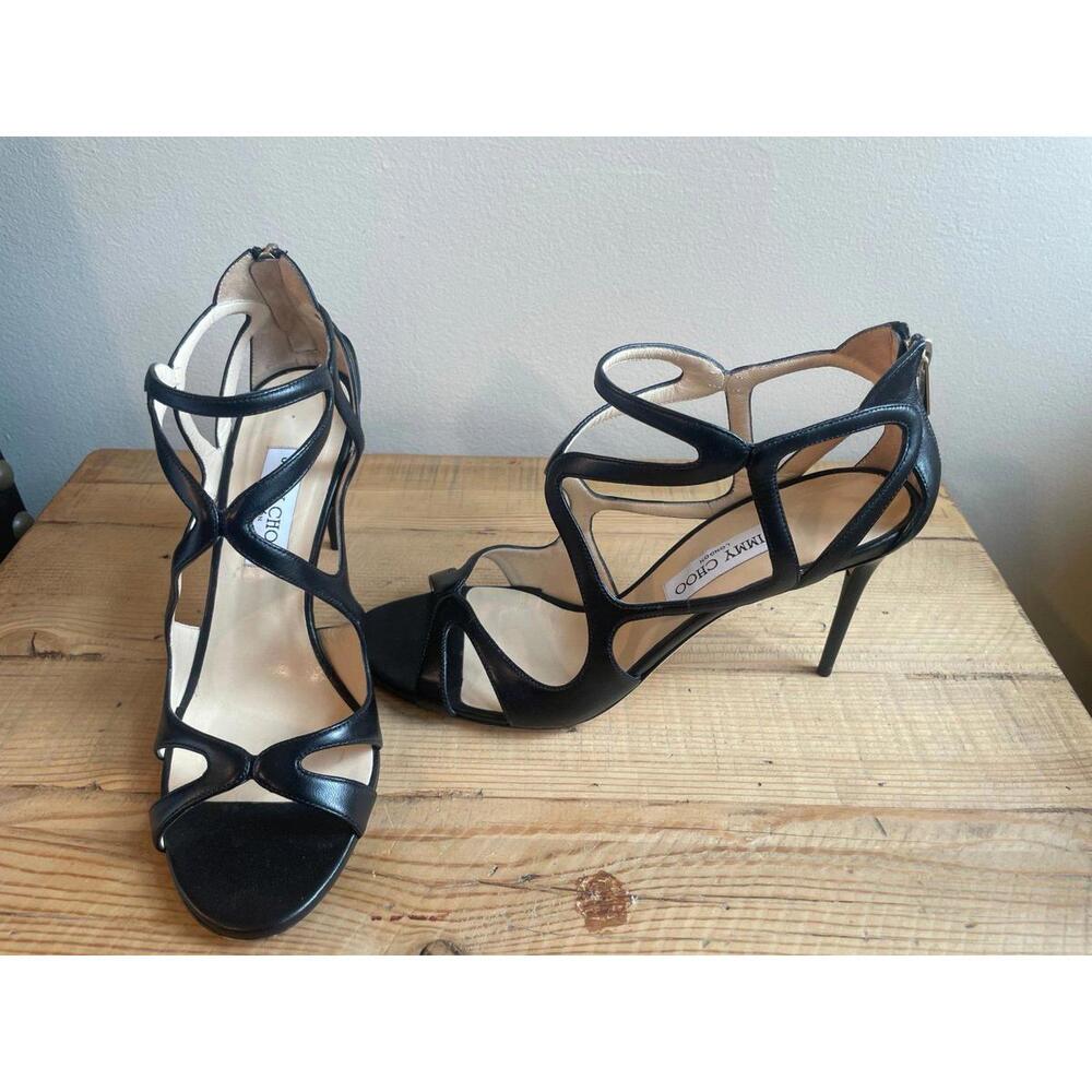 Jimmy Choo Leslie Strappy Cutout Heels – Black Leather, Made in Italy (Size 41)